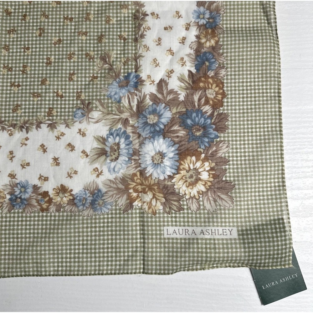 Vintage Laura Ashley Scarf Gingham Floral 23" X 23.5" Green Neutral Blue NWT